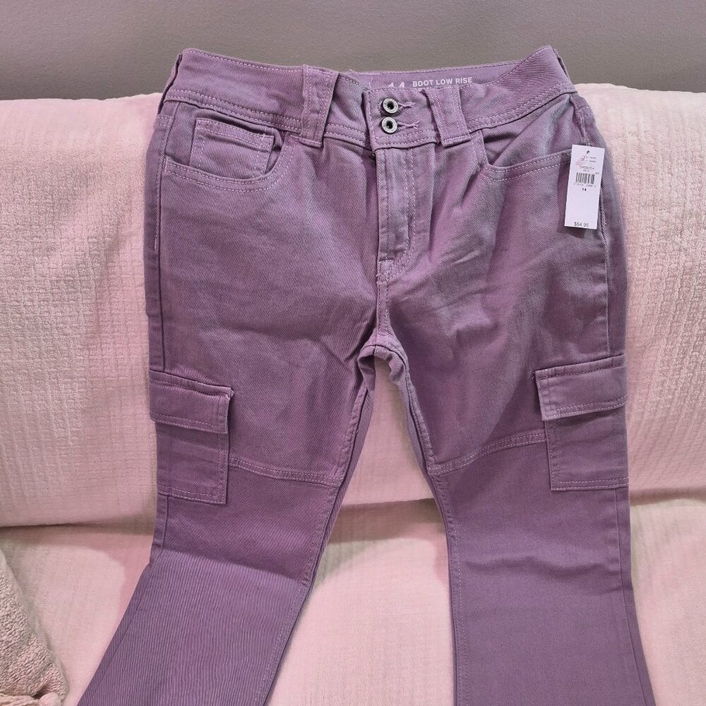 BNWT, Never worn, GUESS, Youth Size 14, Purple, low rise, boot cut, jeans.